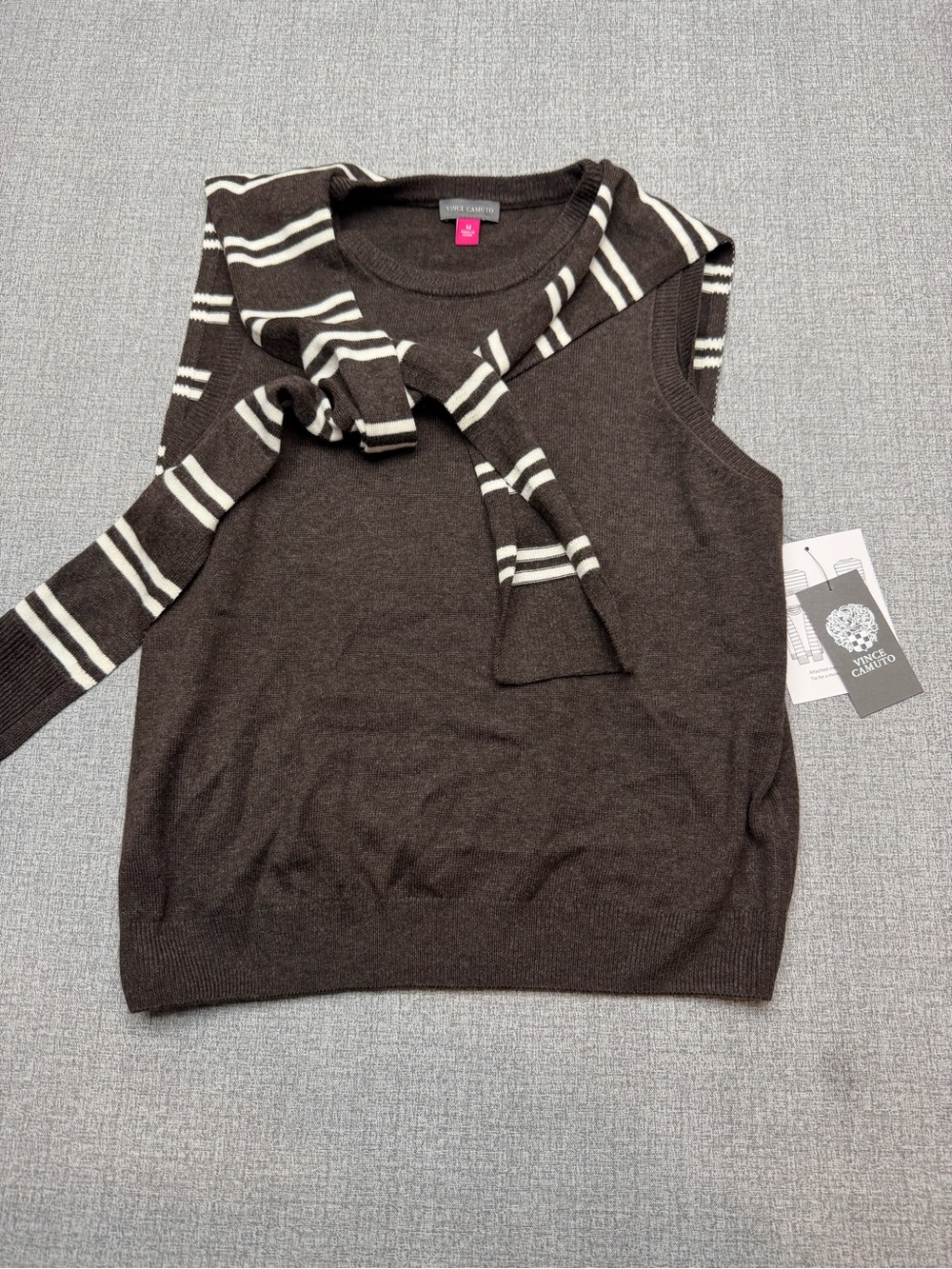 NWT Vince Camuto Delicioso Brown Layered‎ Striped Shoulder Tie Sweater Vest